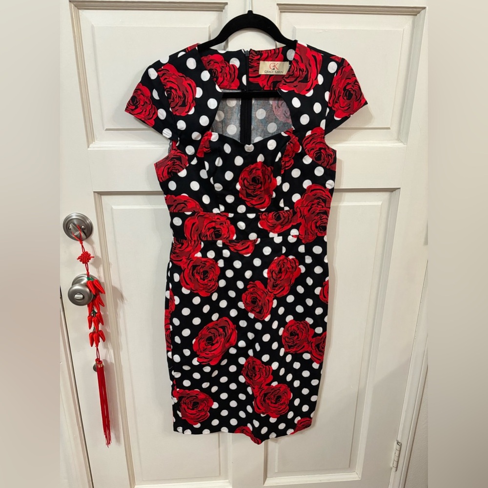 Grace Karin Black & Red Rose Polka Dot Midi Sheath Dress